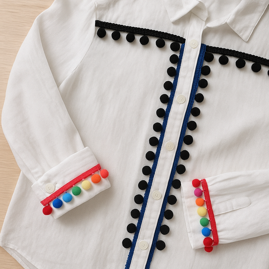 Upcycler une chemise avec un galon à pompons : idée simple et tendance