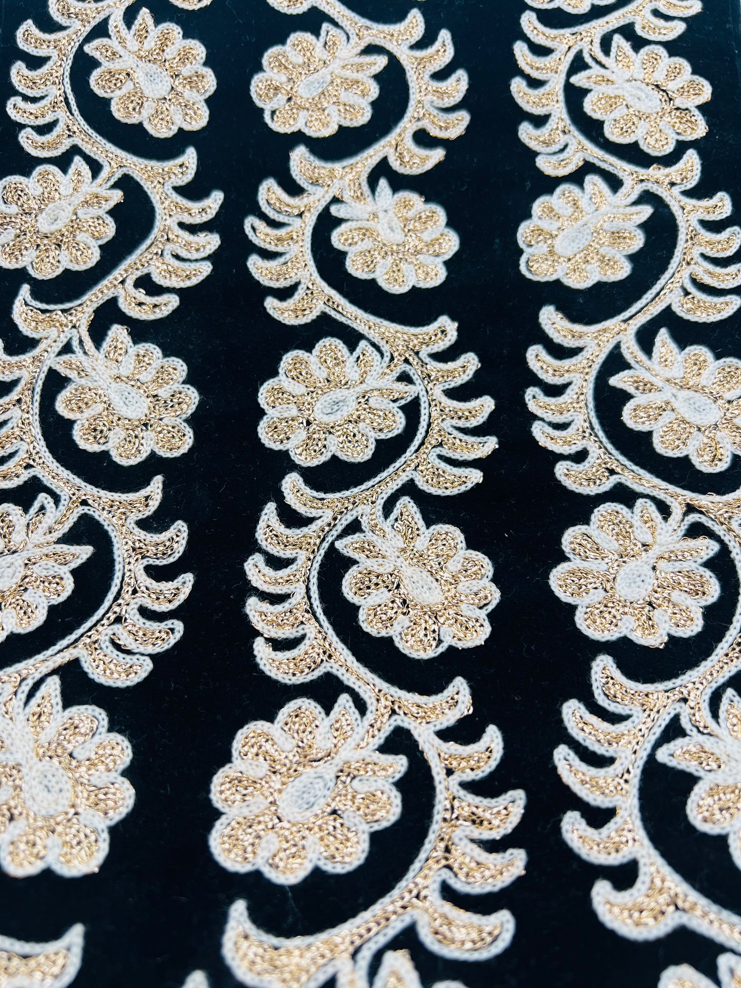 Galon extra large brodé doré et blanc sur velours noir