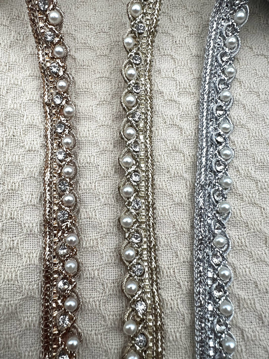 Galon à perles nacrées métallisé 1 cm rose doré, doré ou argent (4 mètres)