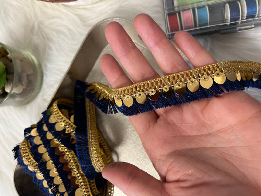 Galon sequin à franges bleu marine doré