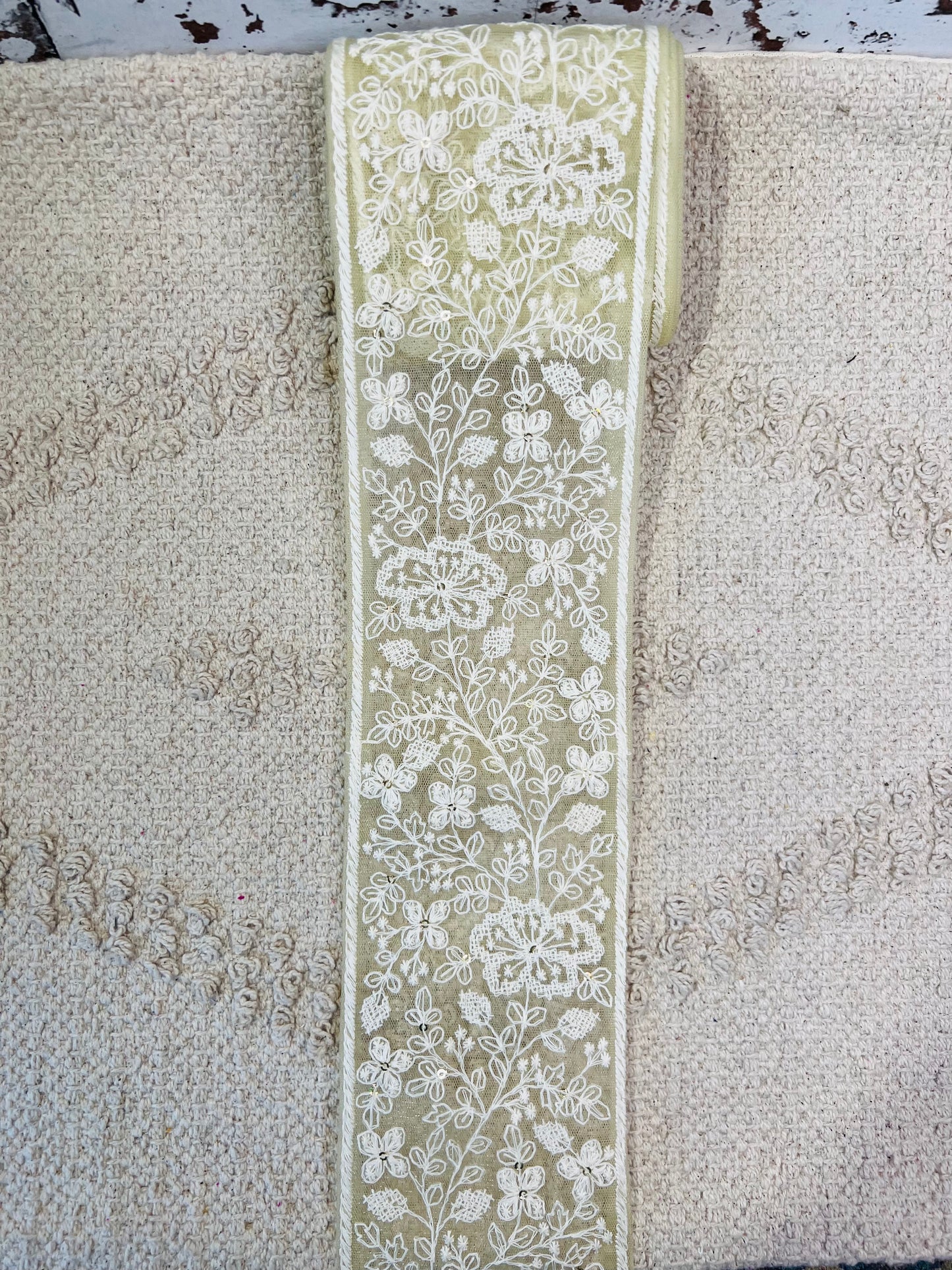 Galon large brodé de fils blanc. Différents coloris.