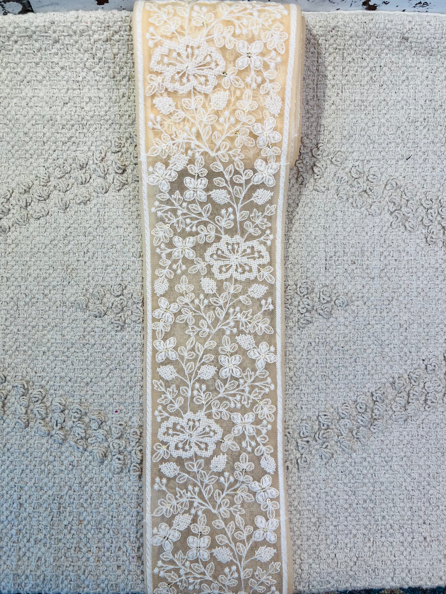 Galon large brodé de fils blanc. Différents coloris.