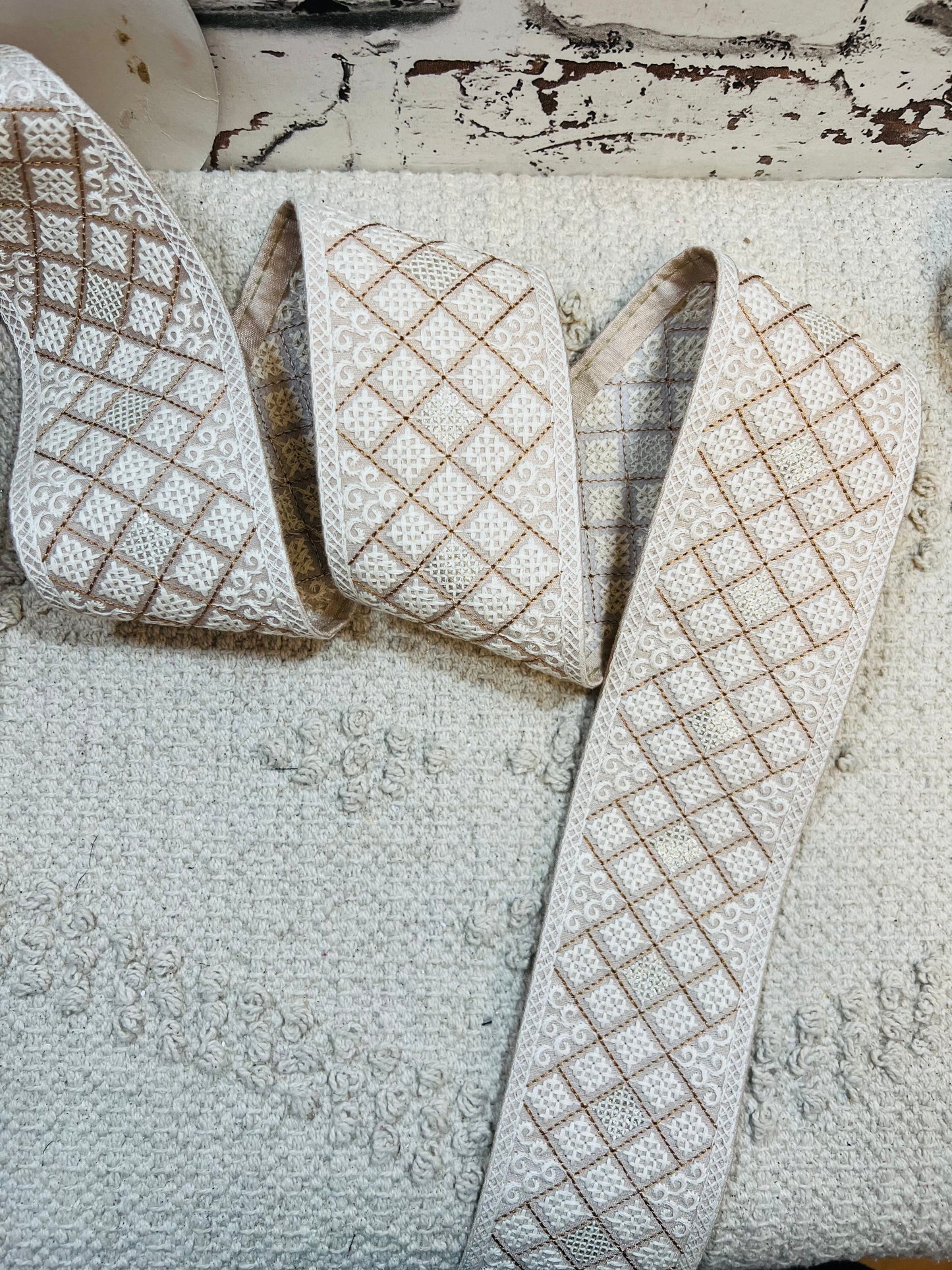 Galon mosaïques brodés fils blanc touche argenté (Rose pêche)