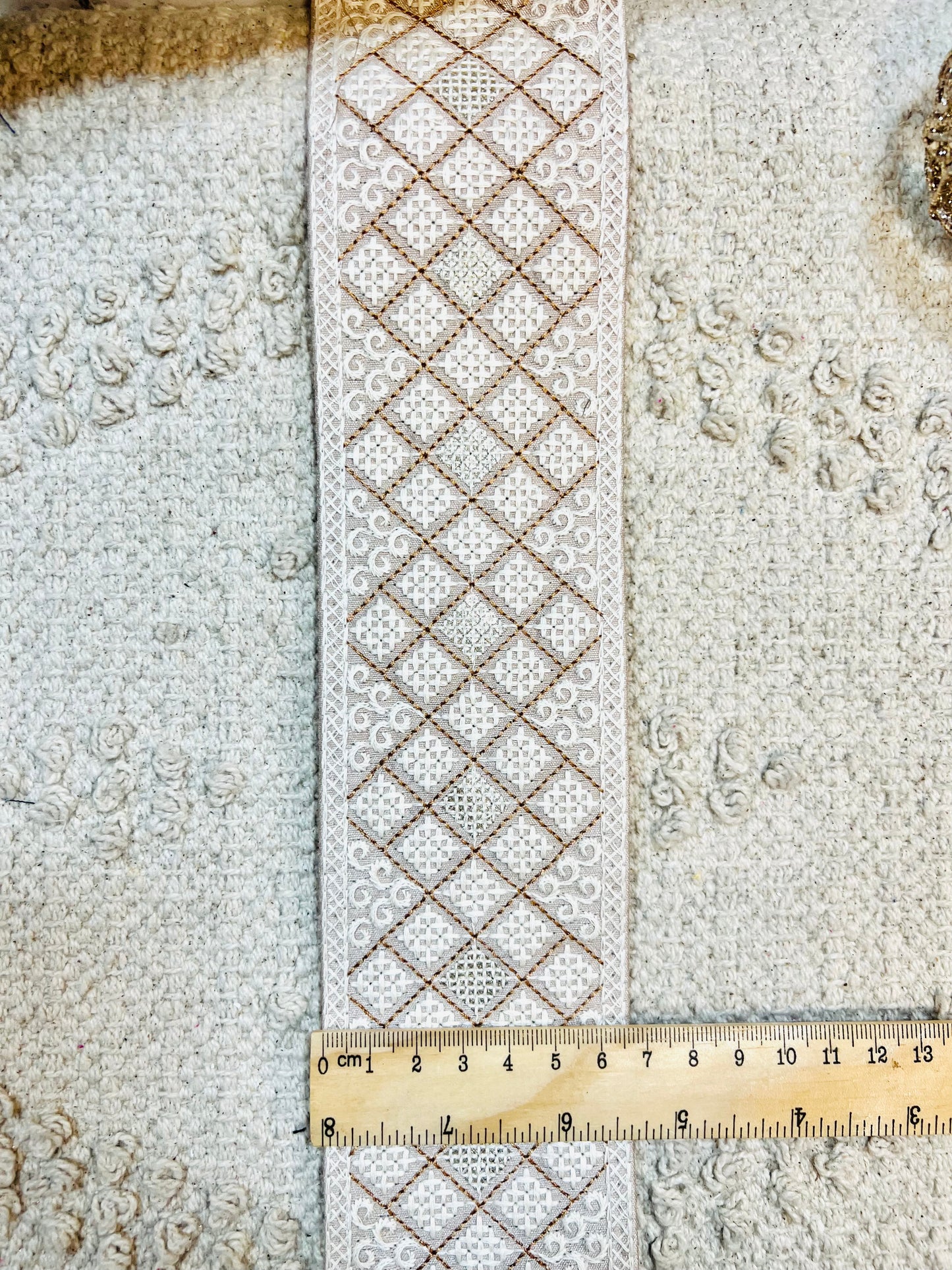 Galon mosaïques brodés fils blanc touche argenté (Rose pêche)
