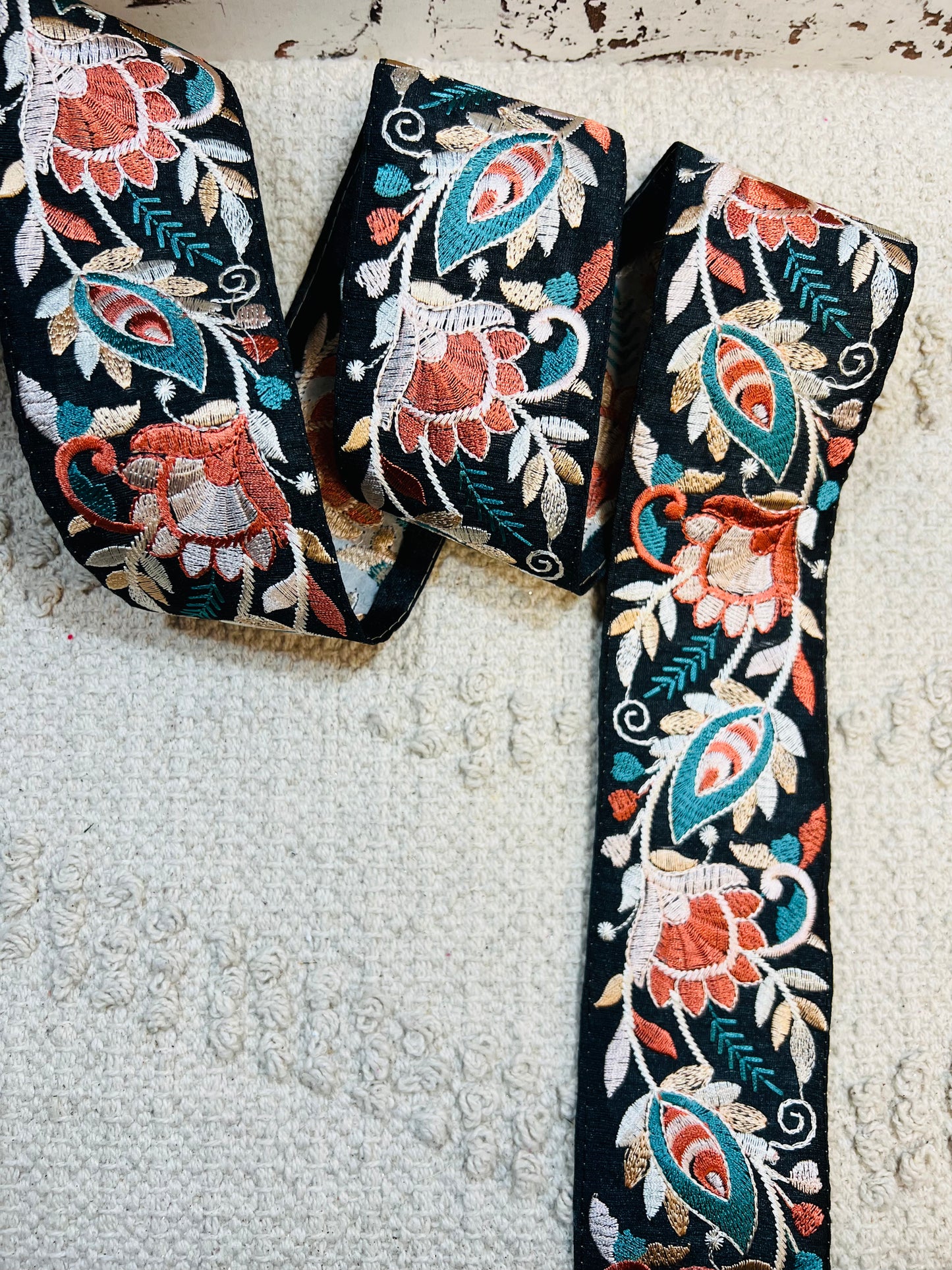Galon noir broderie fils rose et bleu