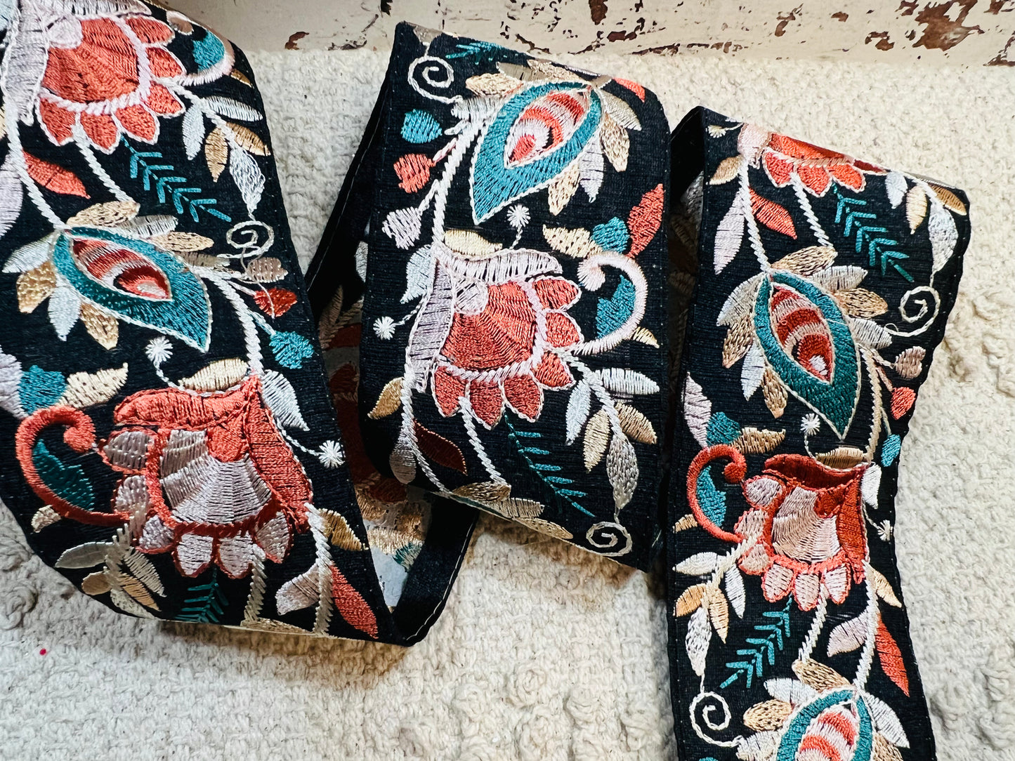 Galon noir broderie fils rose et bleu