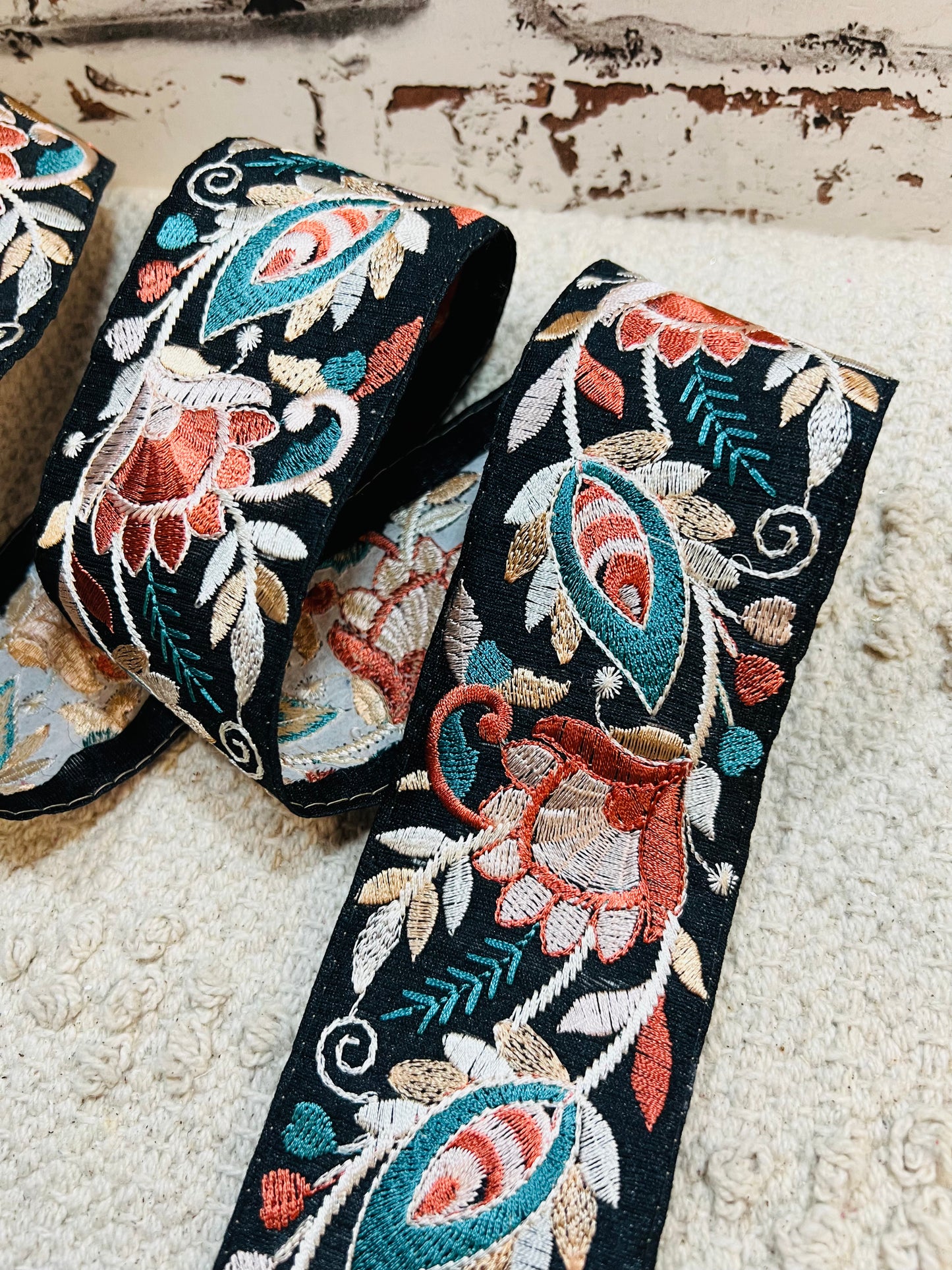 Galon noir broderie fils rose et bleu
