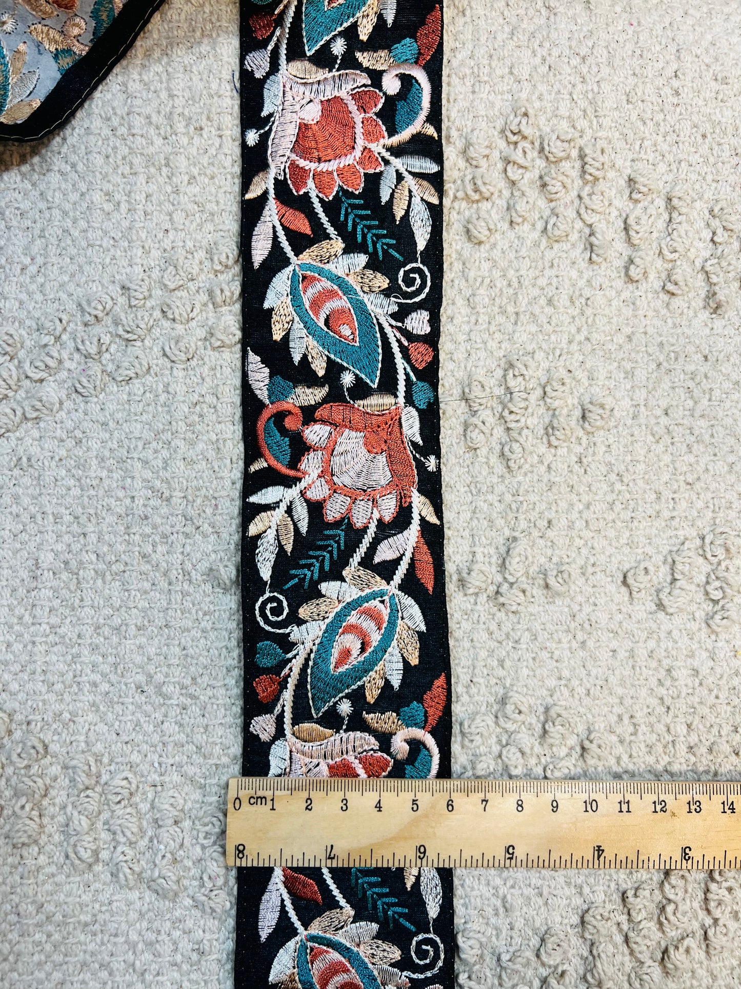 Galon noir broderie fils rose et bleu