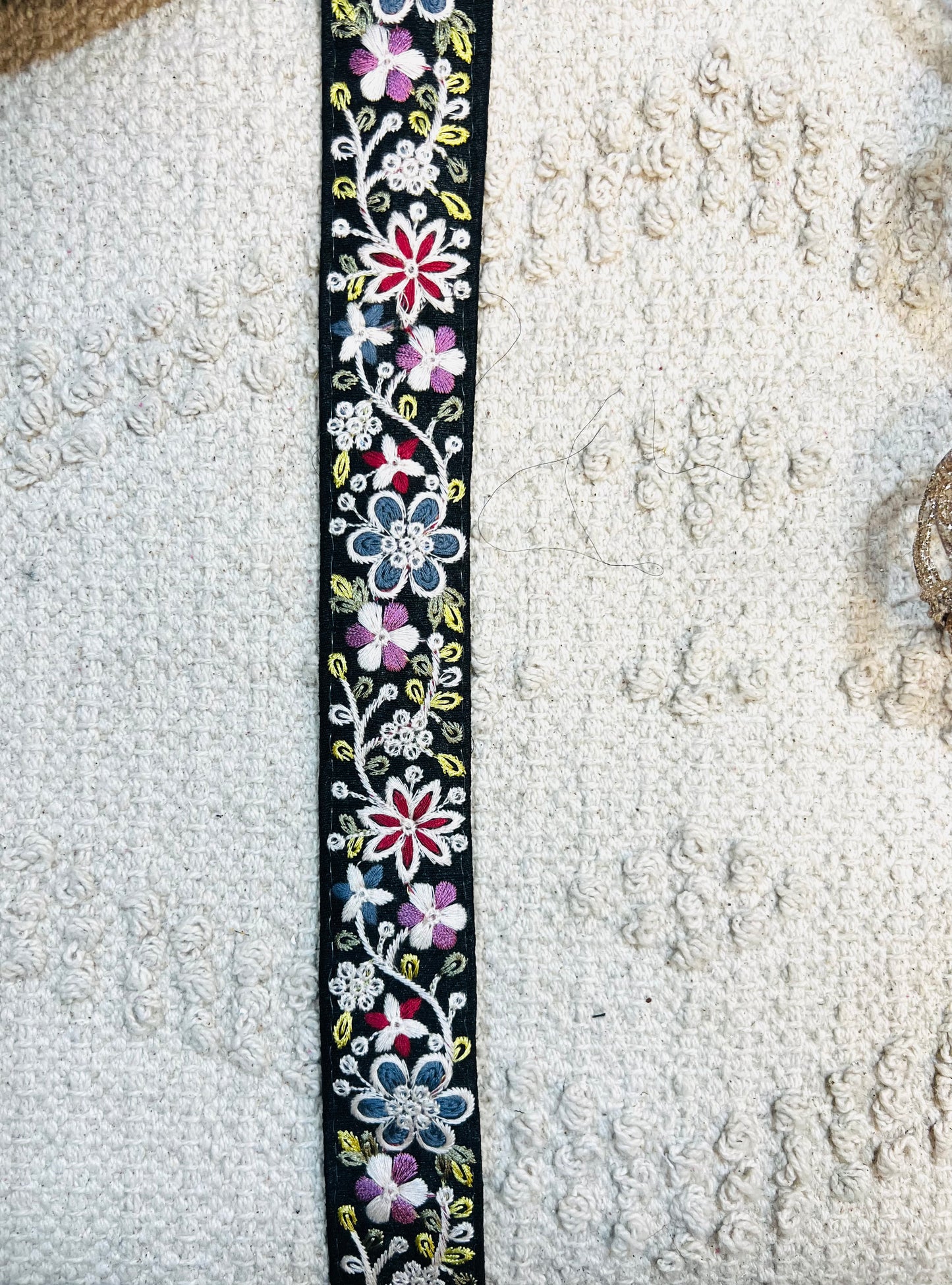 Galon noir broderie fleurs multicolores