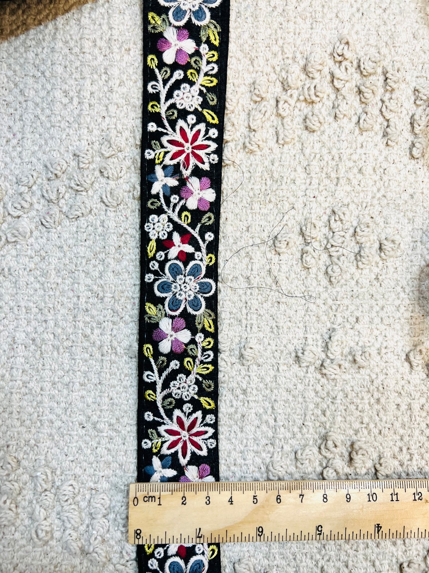 Galon noir broderie fleurs multicolores