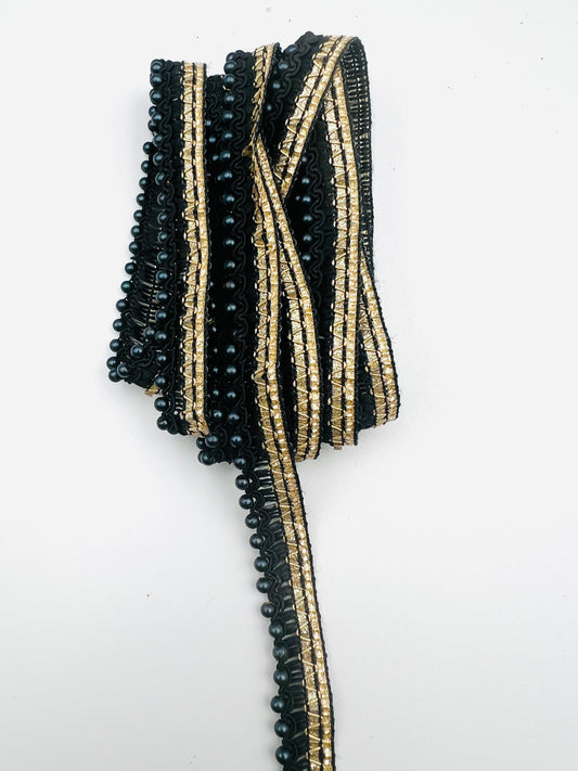 Galon Tressé Noir et Doré avec Perles