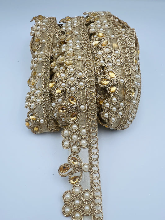 Galon Doré à Perles Nacrées et Gouttes Dorées