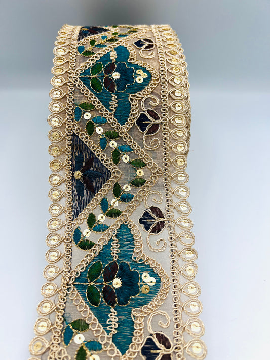 Galon Brodé Doré et Bleu Pétrole – Motifs Floraux