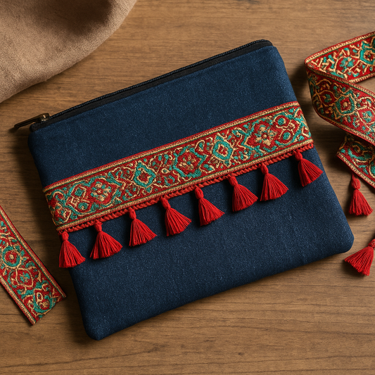 Fabriquer une pochette upcyclée avec des galons orientaux