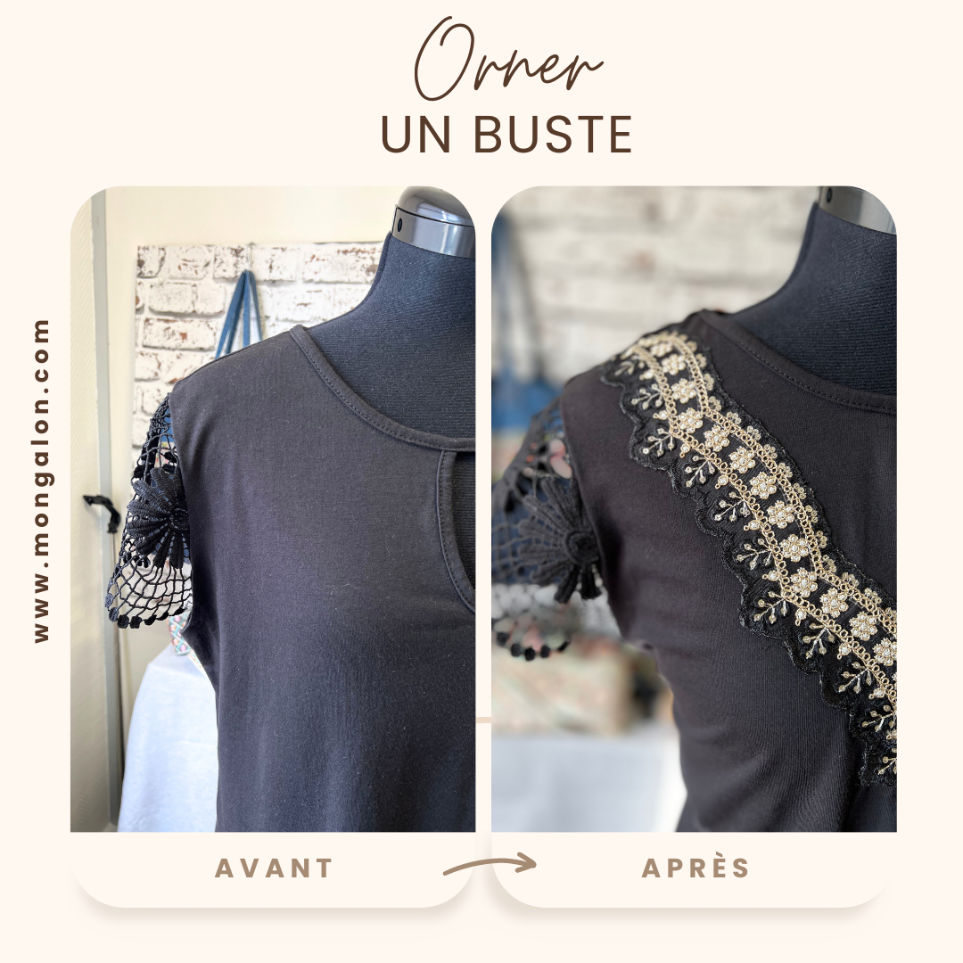 Galon Dentelle Noire Brodée Doré et Strass