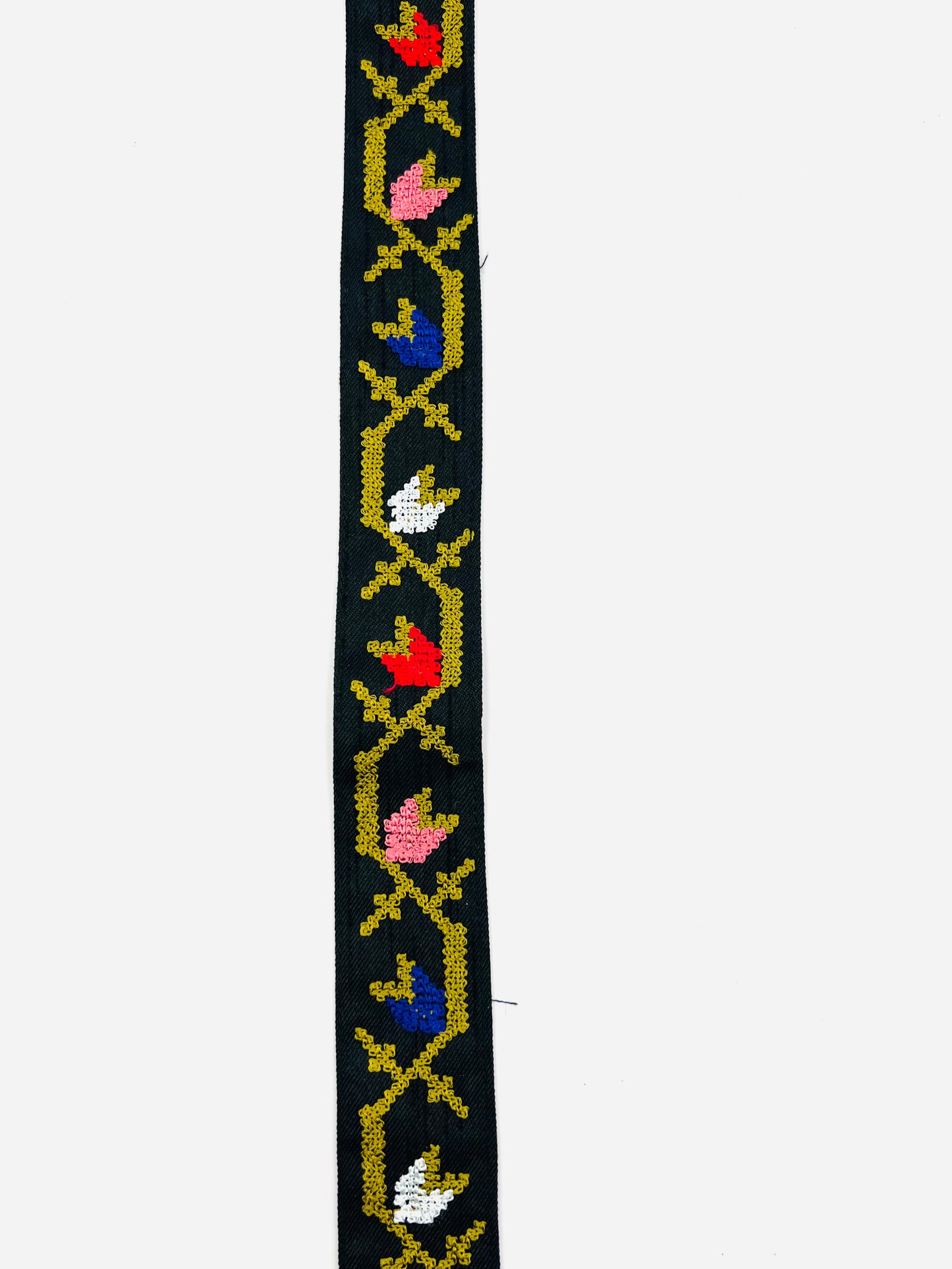 Galon Brodé Tulipes Stylisées – Fond Noir ou Bleu Jean Clair
