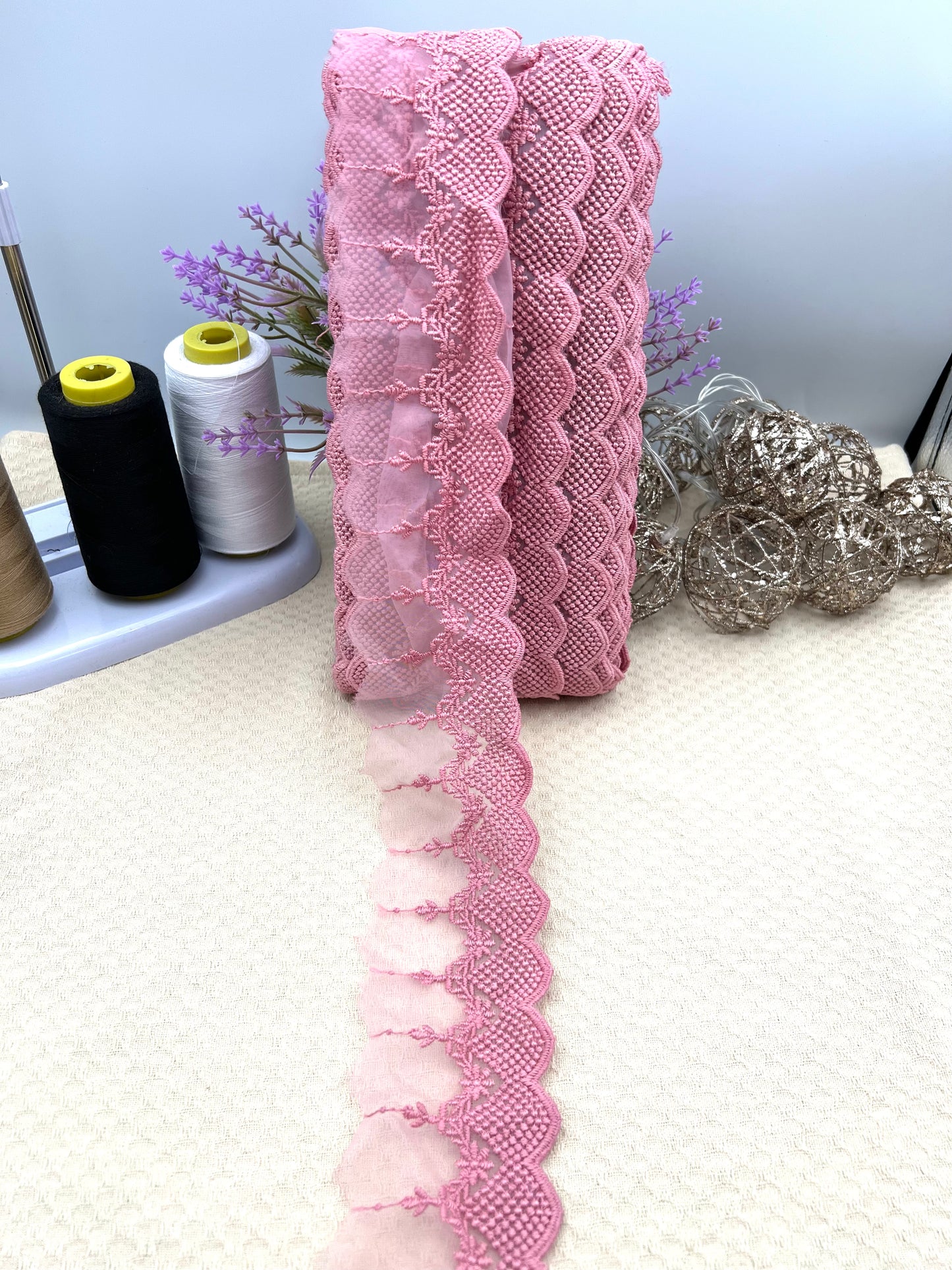 Galon brodé dentelle sur tulle – 3 coloris (rose, vert amande, écru)