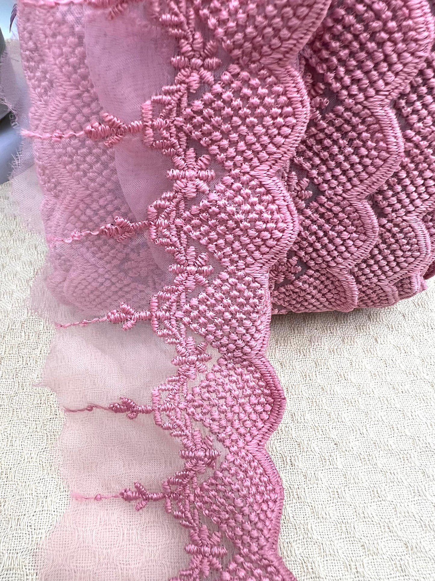 Galon brodé dentelle sur tulle – 3 coloris (rose, vert amande, écru)