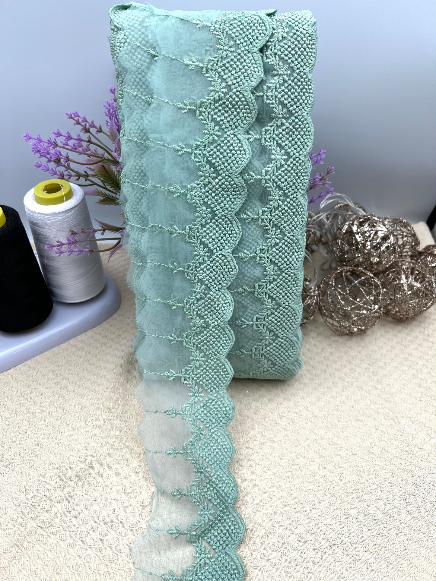 Galon brodé dentelle sur tulle – 3 coloris (rose, vert amande, écru)