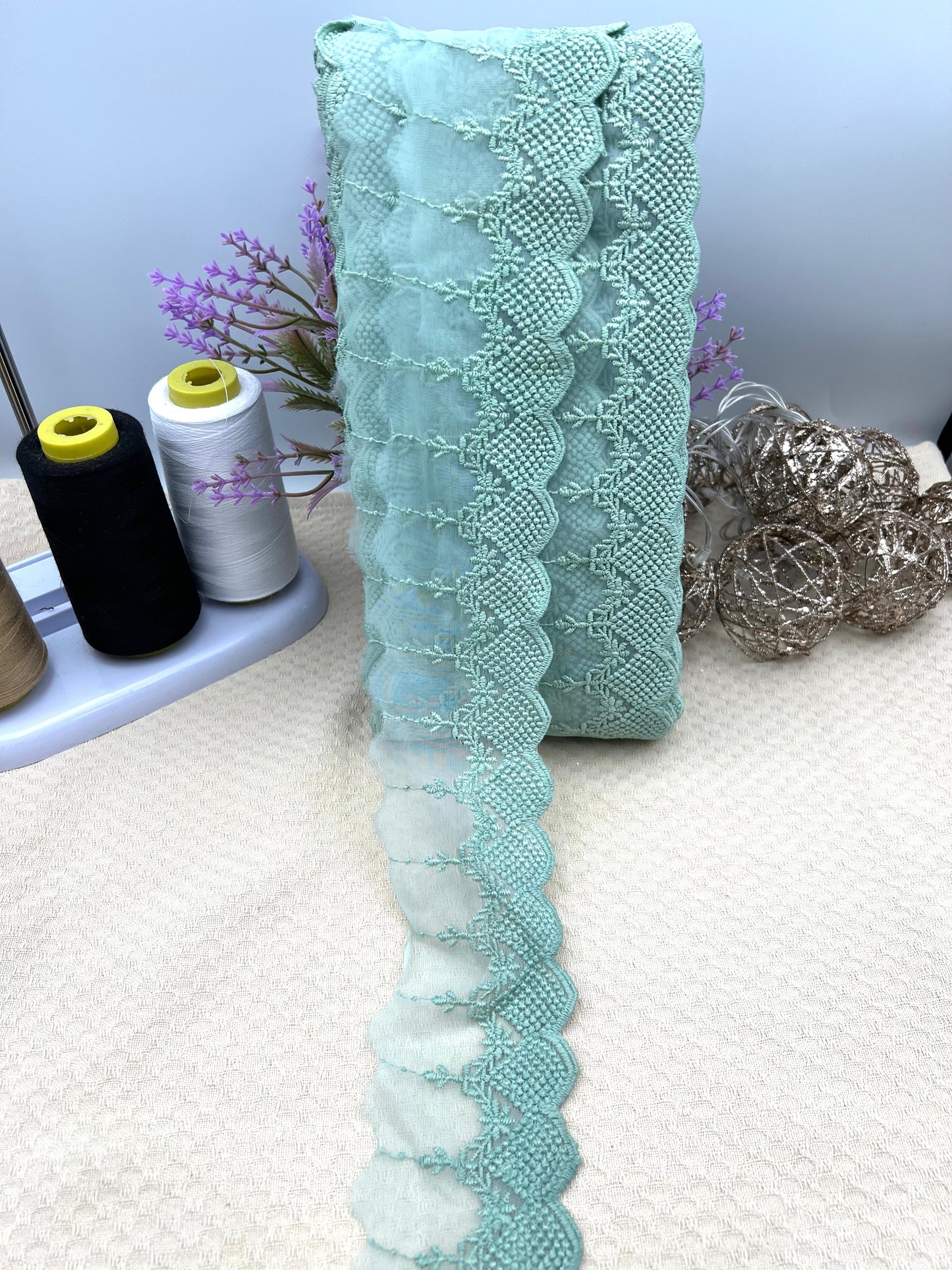 Galon brodé dentelle sur tulle – 3 coloris (rose, vert amande, écru)