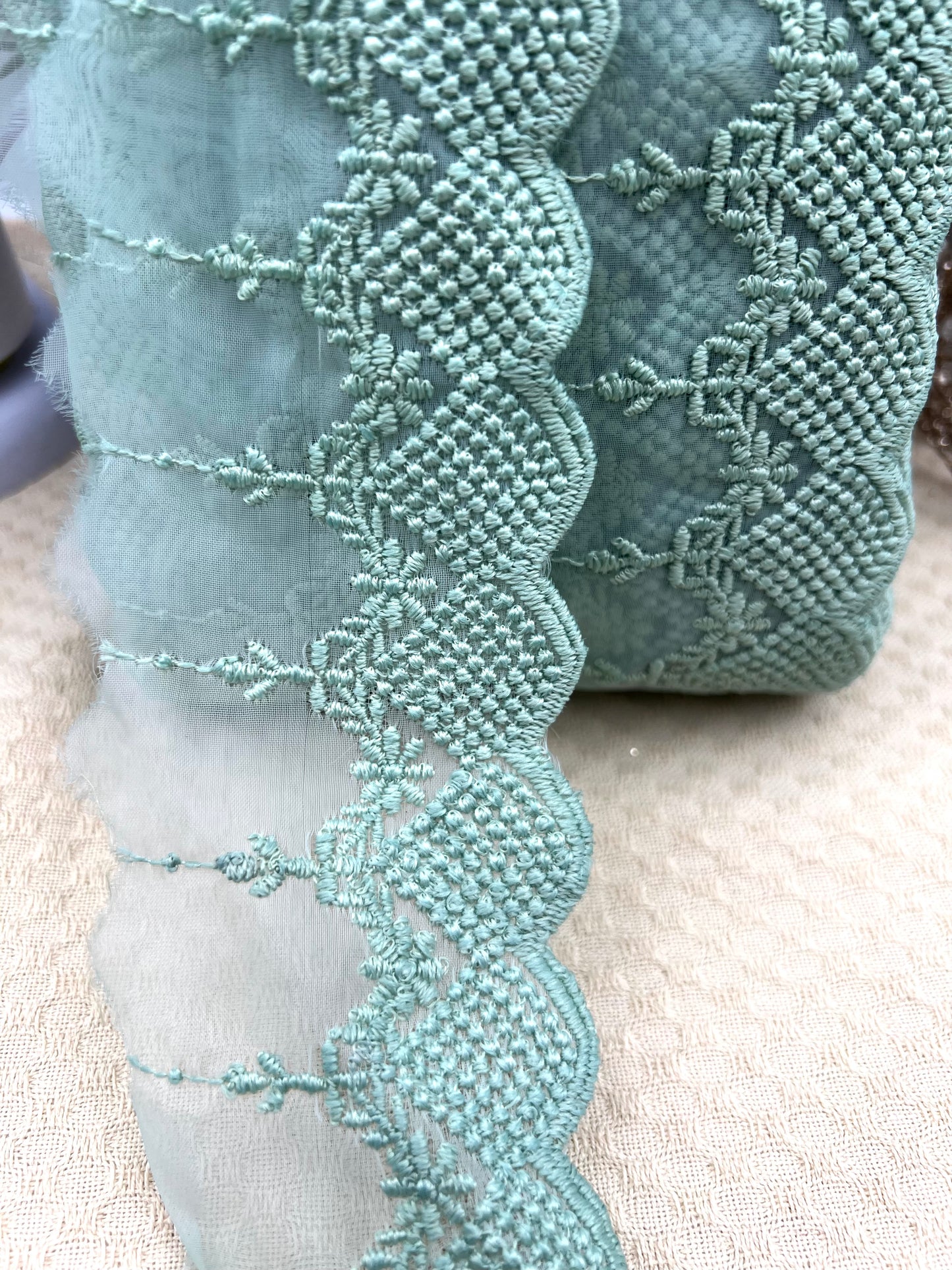 Galon brodé dentelle sur tulle – 3 coloris (rose, vert amande, écru)