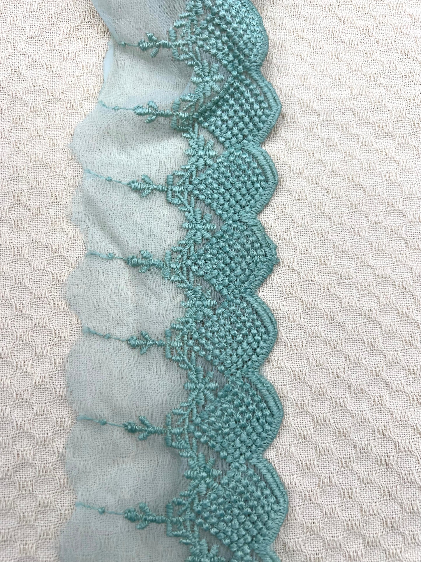 Galon brodé dentelle sur tulle – 3 coloris (rose, vert amande, écru)