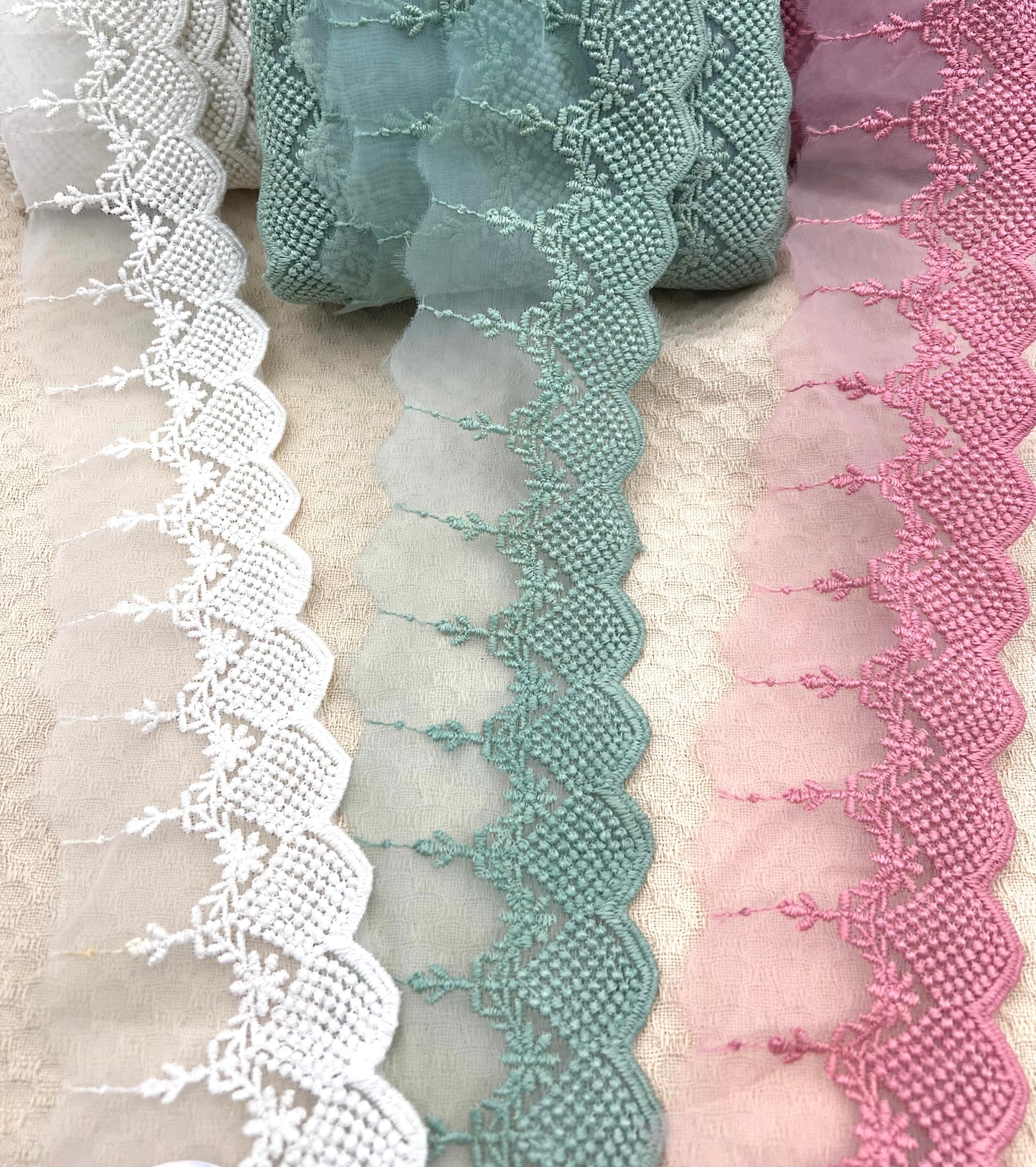 Galon brodé dentelle sur tulle – 3 coloris (rose, vert amande, écru)