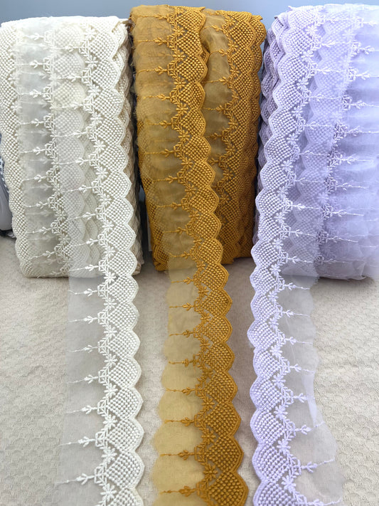Galon brodé dentelle sur tulle – 3 coloris - 18 mètres