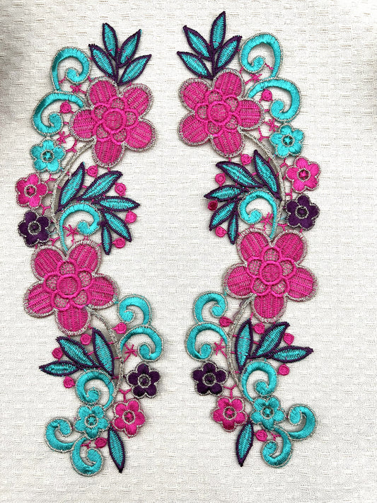 Guipure intemporelle fleurs fuschia turquoise violine 2 pièces