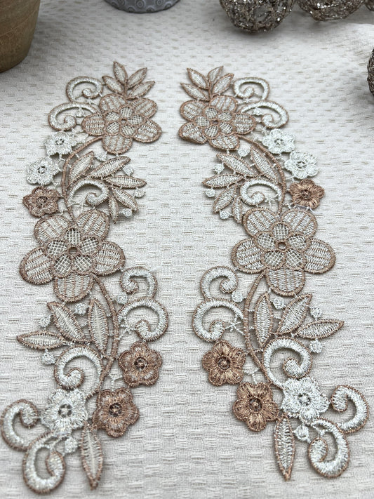 Guipure intemporelle fleurs double doré beige 2 pièces