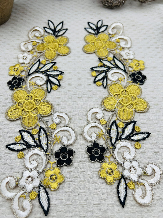 Guipure intemporelle fleurs jaune moutarde noir doré 2 pièces