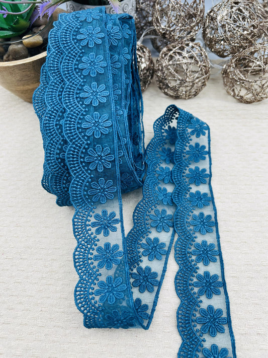 Galon dentelle brodé à fleurs bleu pétrole - 3,8 cm x 2,5 m
