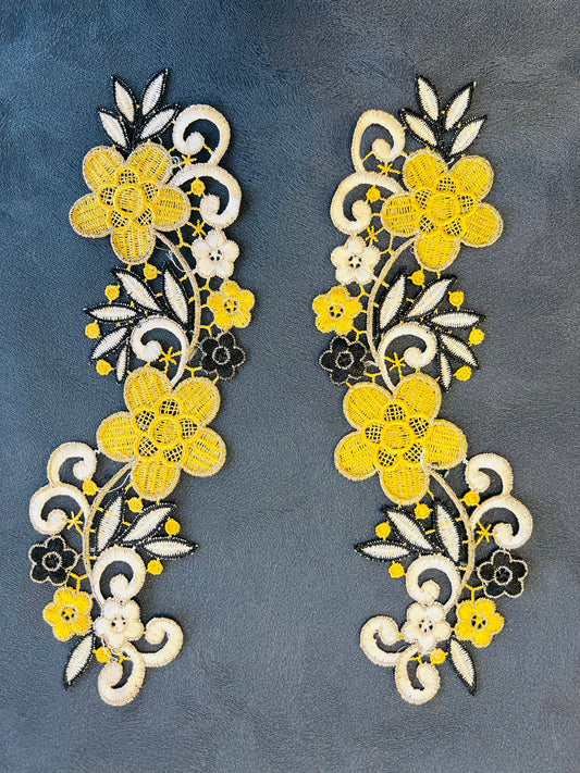 Guipure intemporelle fleurs jaune moutarde noir doré 2 pièces