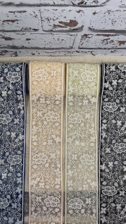 Galon large brodé de fils blanc. Différents coloris.